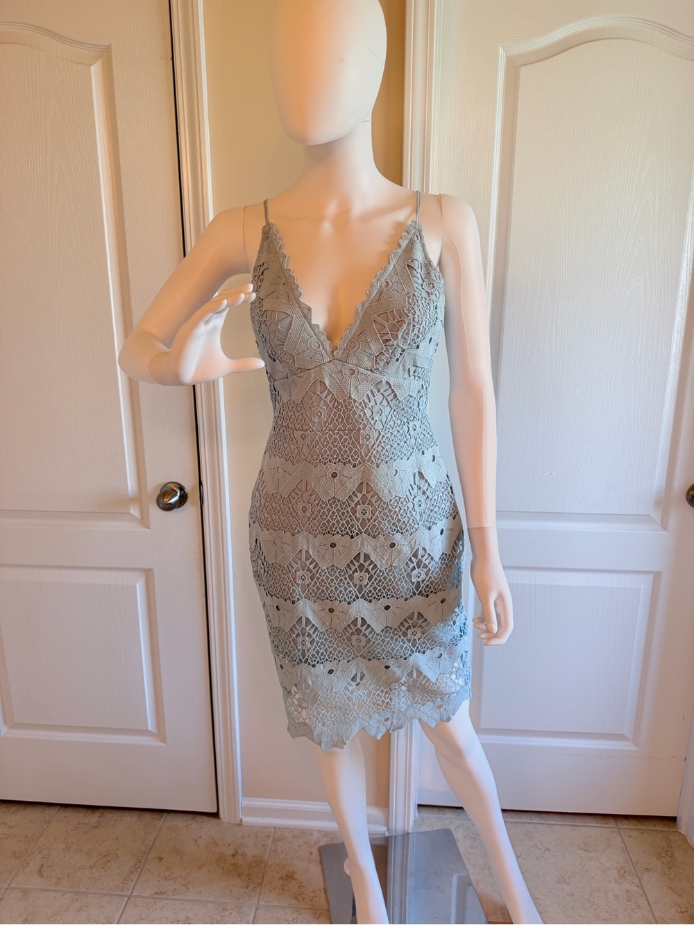 Lulus Sway Away Light Blue Crochet Lace V-Neck Dress Size S